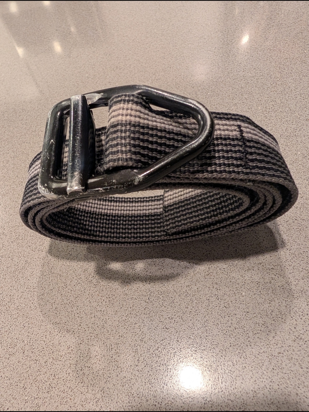 Bison Designs Striped Webbed Belt with Metal D-Ring Buckle - Black and Gray